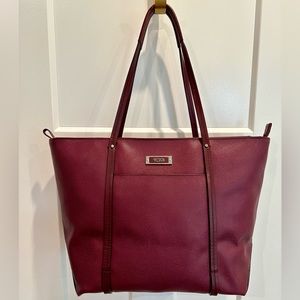 Tumi Large Q Leather Tote, with Zipper, Double Handle, in color “Eggplant”
